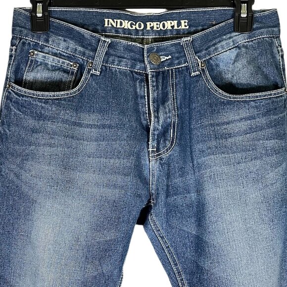 Indigo People Straight Leg Denim - Men's Size 33 X 32 Distressed Blue Jeans - Picture 2 of 10
